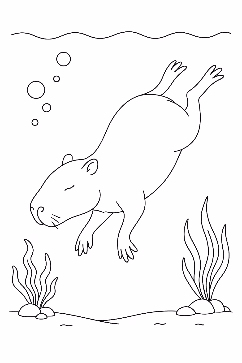 Capivara mergulhando para colorir — desenho para imprimir