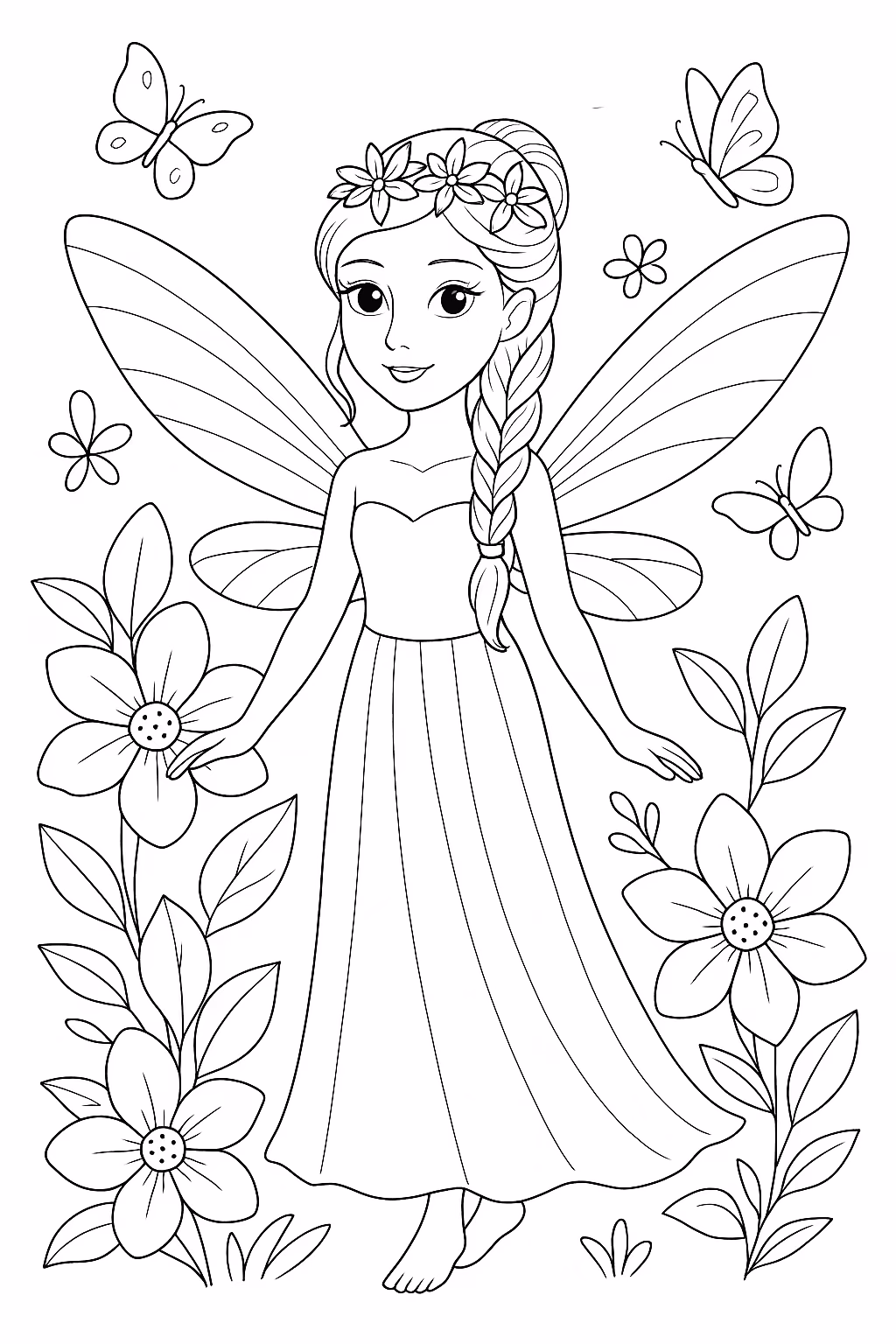 Fada jardim flores min para colorir — desenho para imprimir