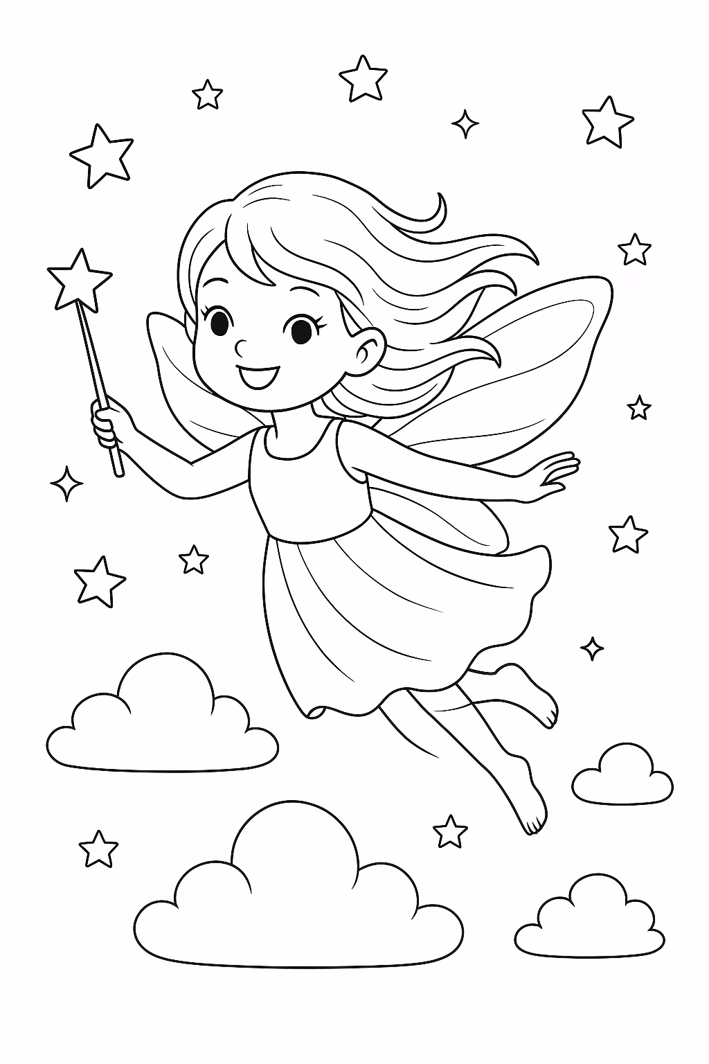 Fada voando estrelas min para colorir — desenho para imprimir