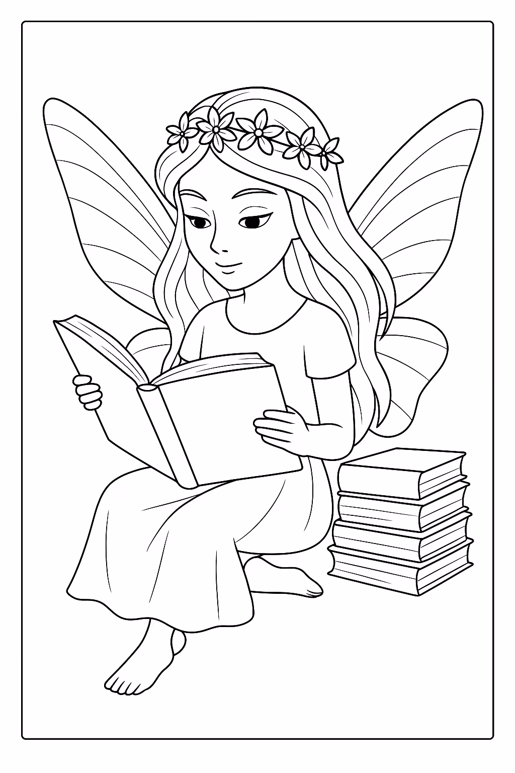 Fada lendo livro min para colorir — desenho para imprimir