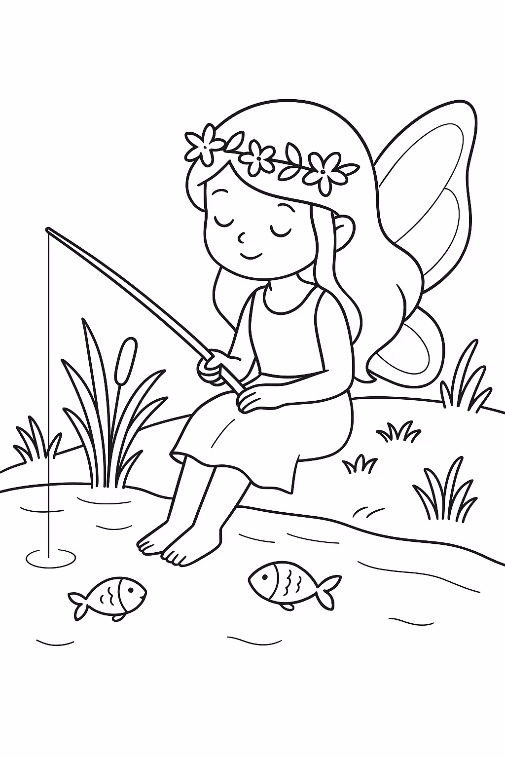 Fada pescando min para colorir — desenho para imprimir