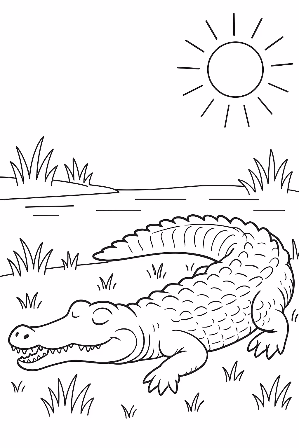 Jacare tomando sol min para colorir — desenho para imprimir