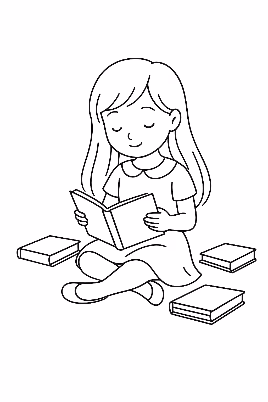 Menina lendo livro min para colorir — desenho para imprimir