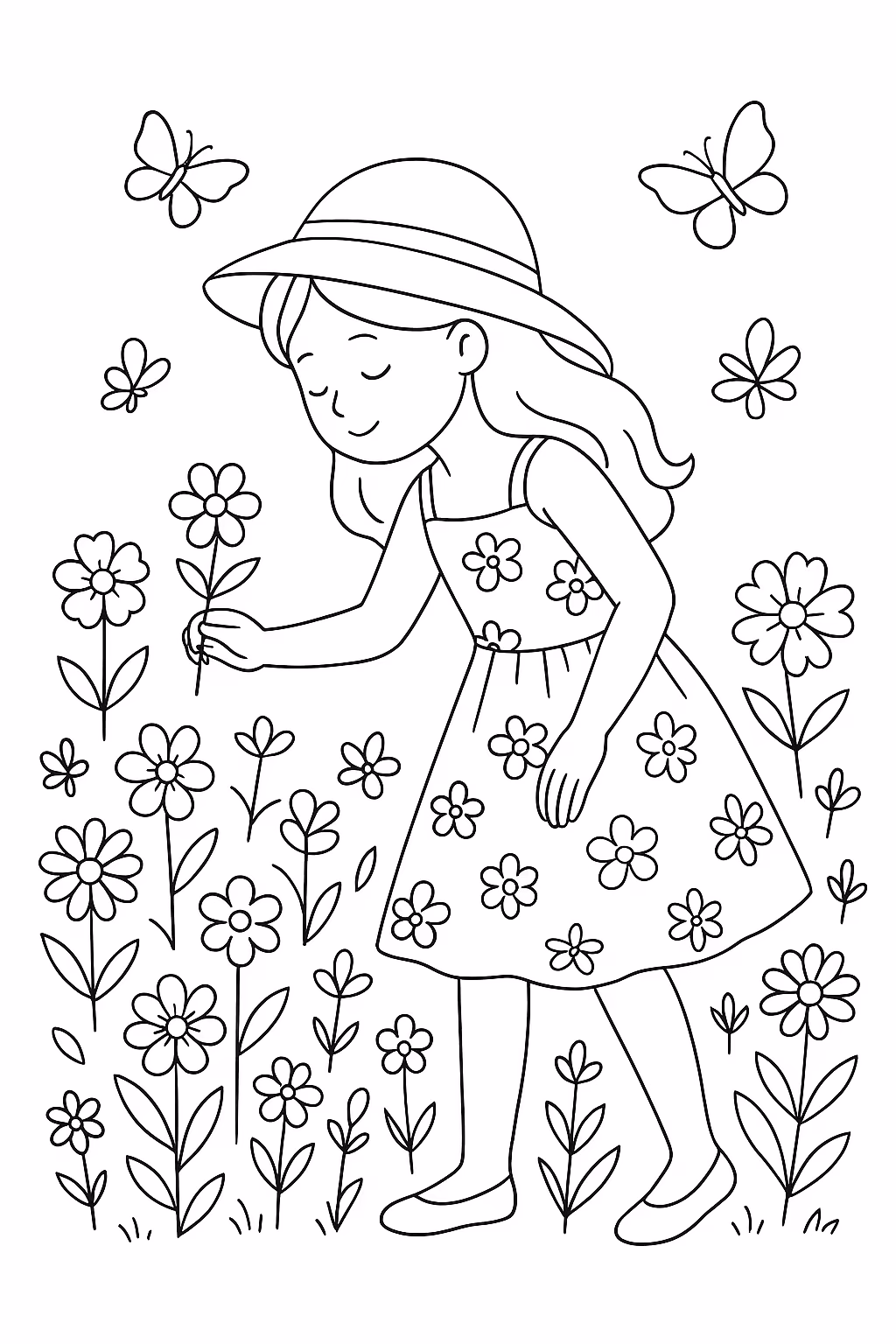 Menina jardim flores min para colorir — desenho para imprimir