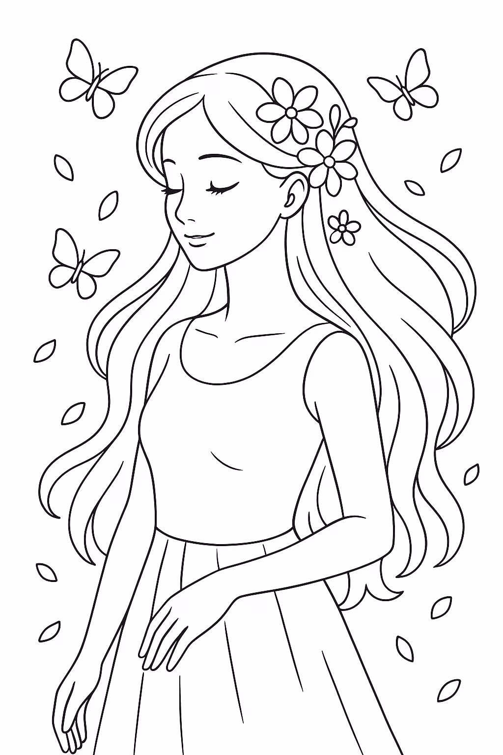 Menina flores cabelo min para colorir — desenho para imprimir