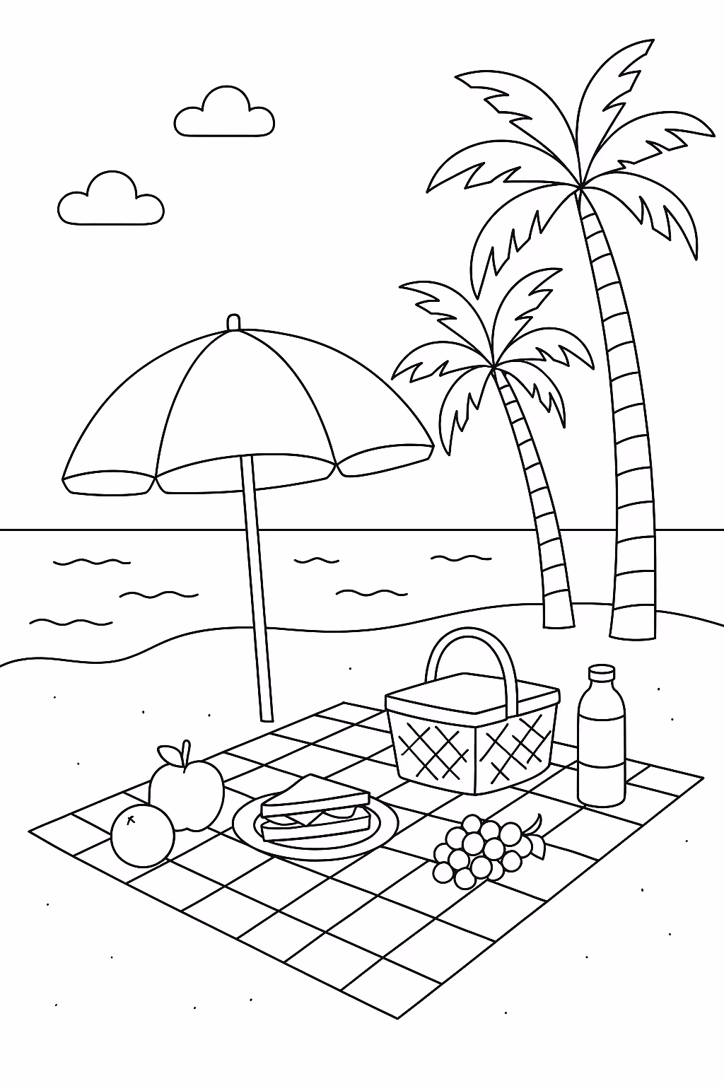 Praia para colorir — desenho para imprimir