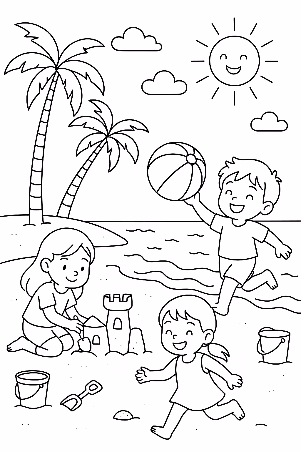 Praia para colorir — desenho para imprimir