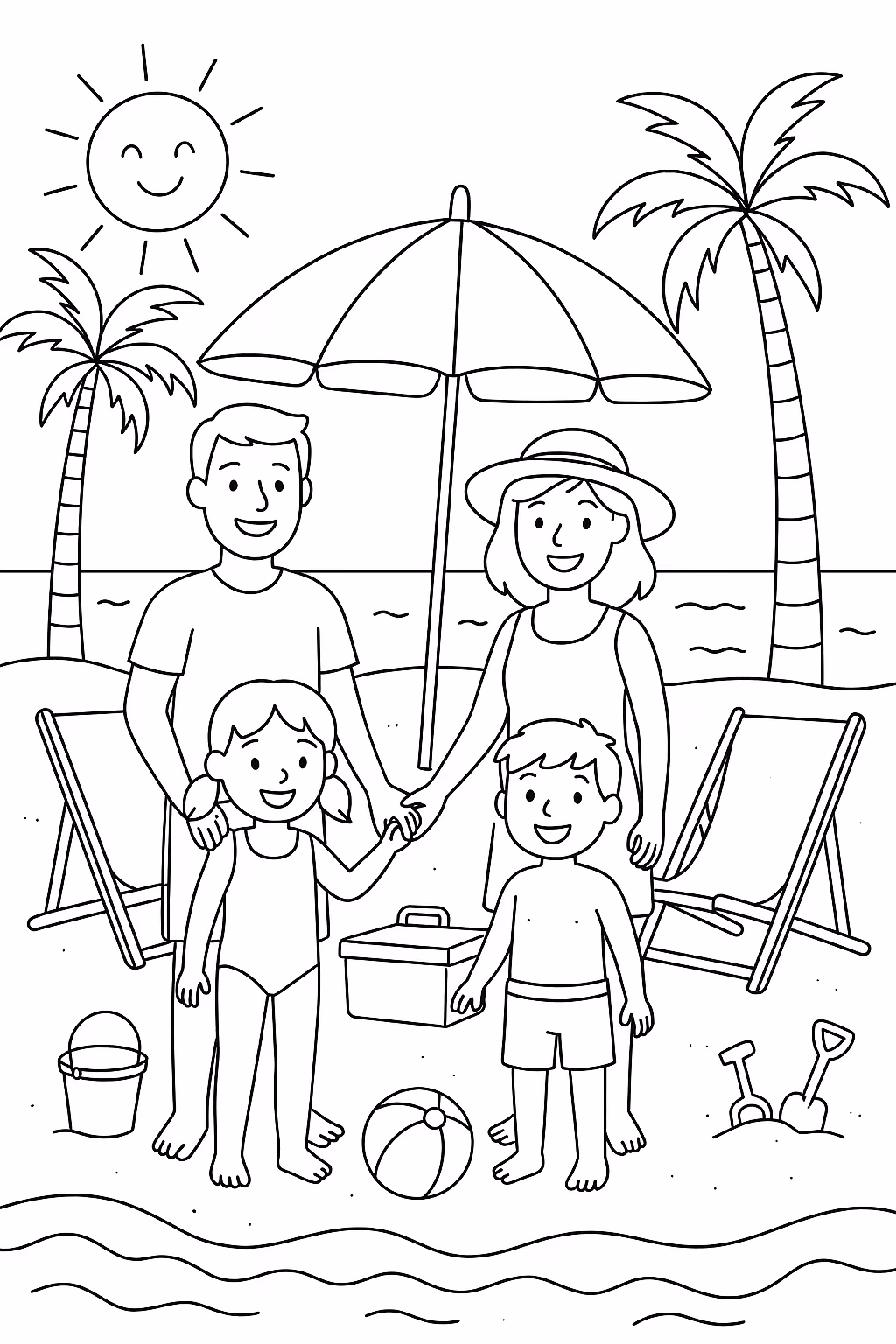 Praia para colorir — desenho para imprimir