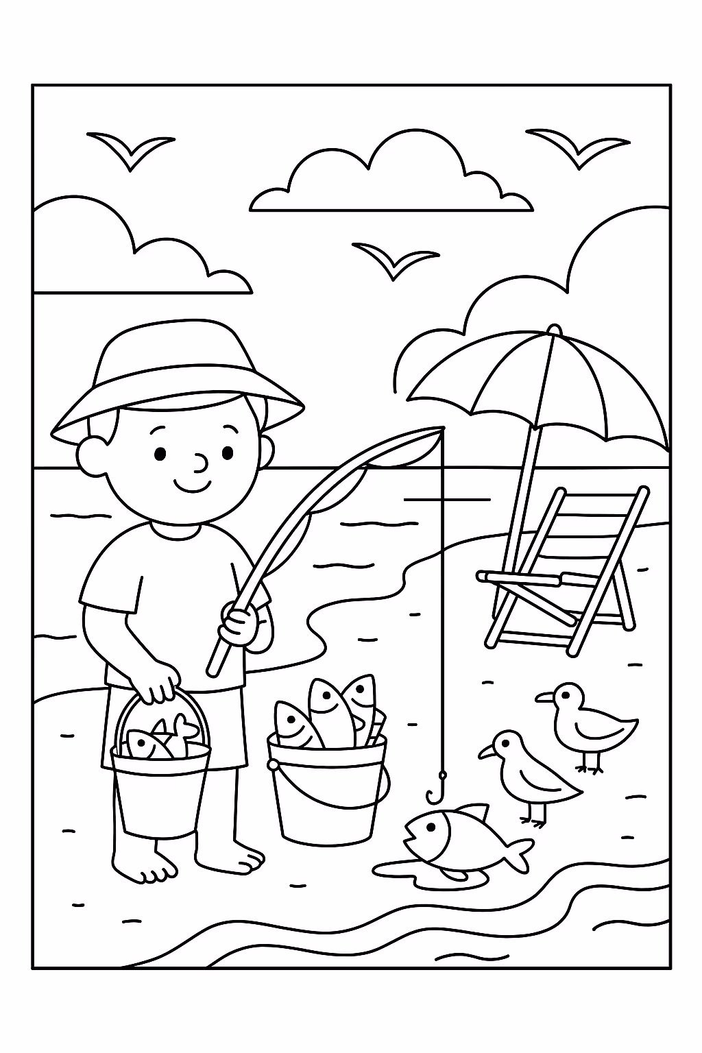 Praia para colorir — desenho para imprimir