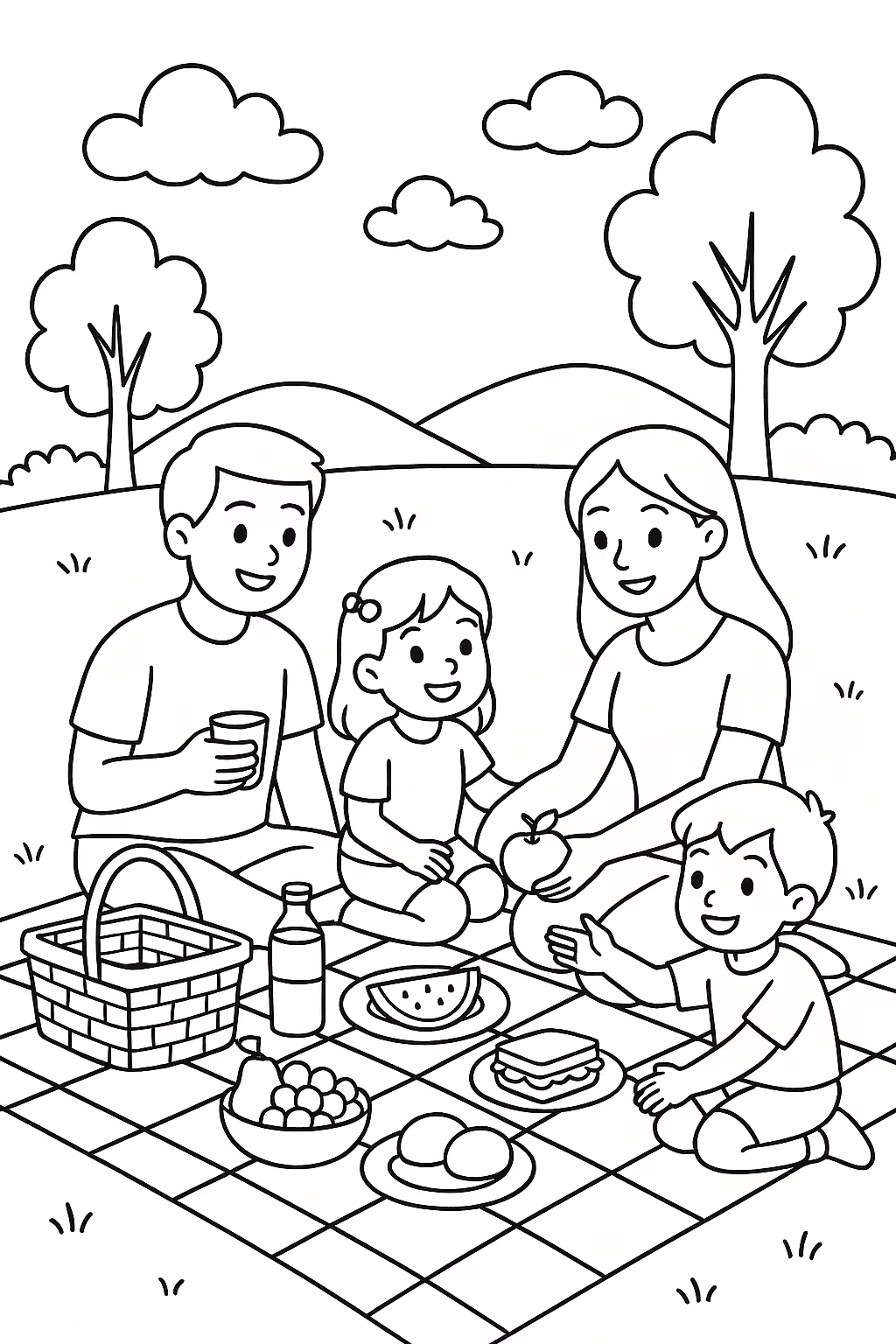 Familia piquenique para colorir — desenho para imprimir
