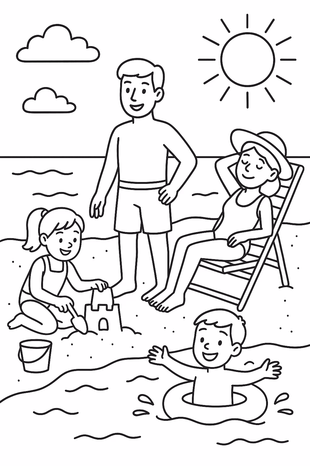 Familia praia para colorir — desenho para imprimir