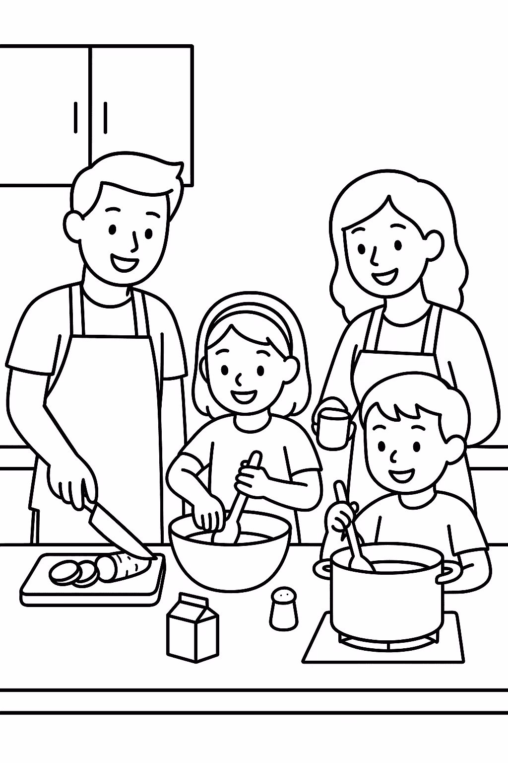Familia cozinhando para colorir — desenho para imprimir