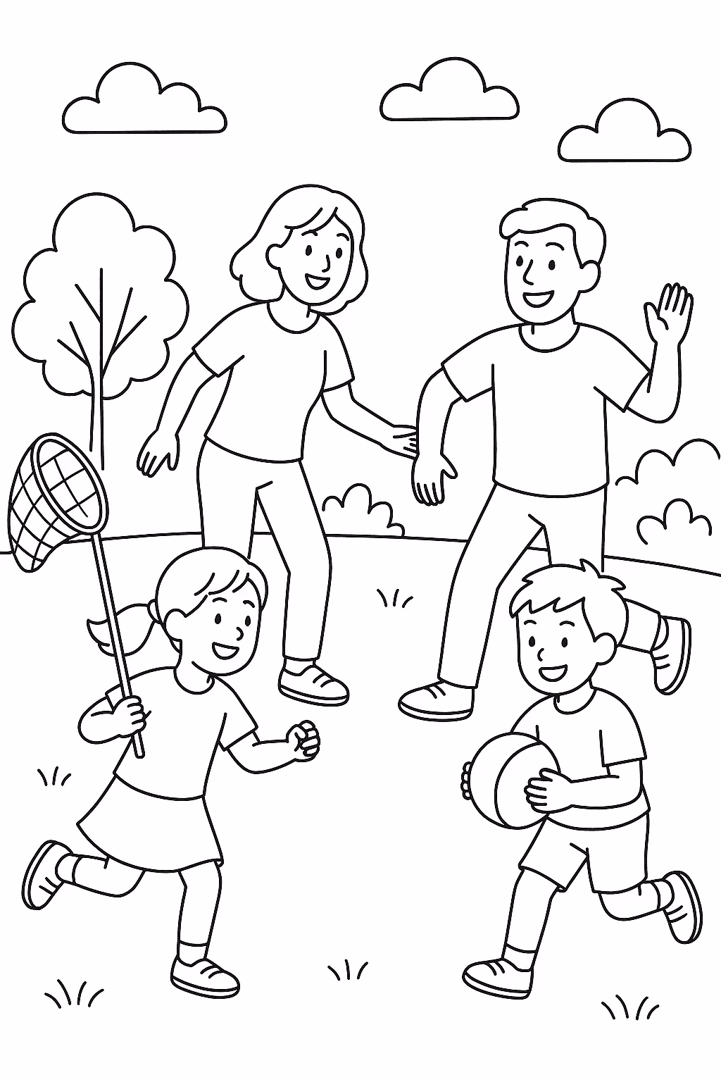 Familia brincando para colorir — desenho para imprimir