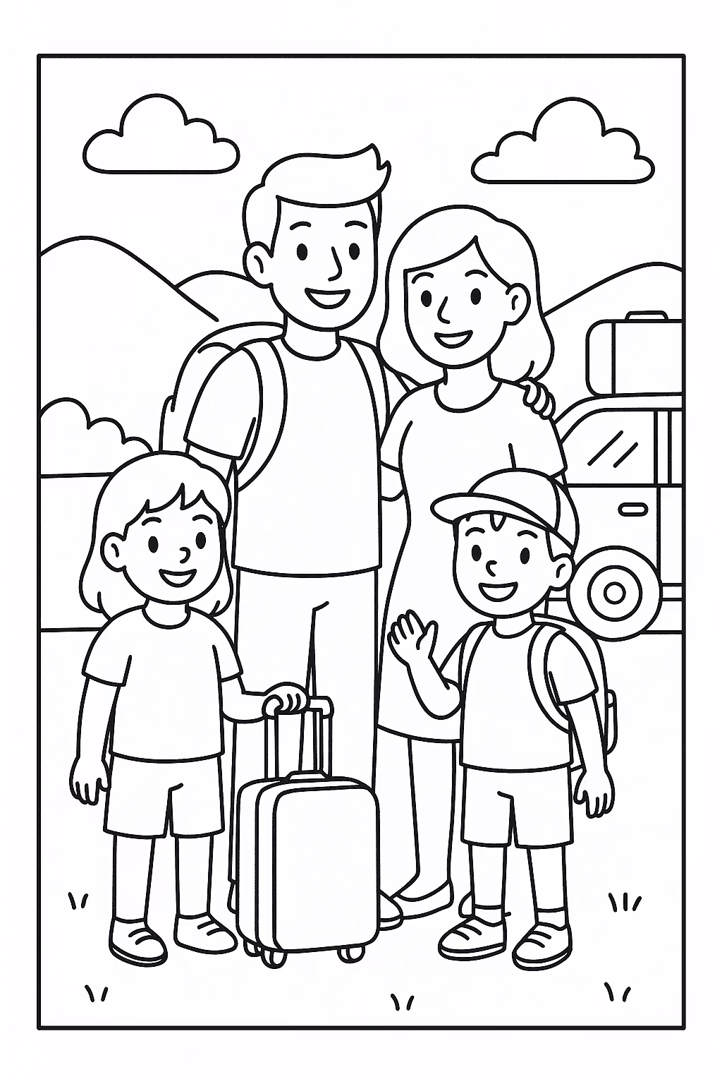 Familia viagem para colorir — desenho para imprimir