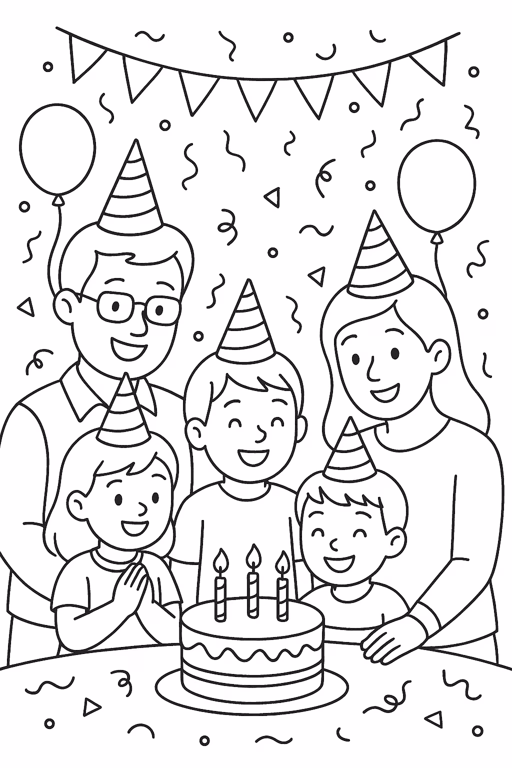 Familia aniversario para colorir — desenho para imprimir