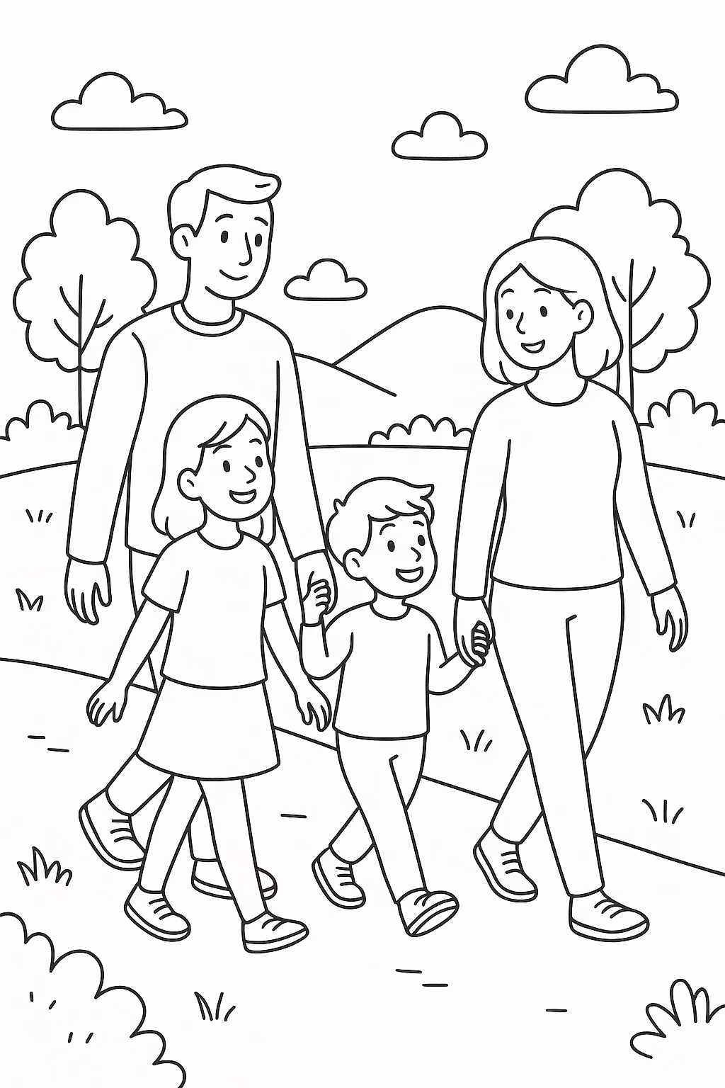 Familia caminhada para colorir — desenho para imprimir