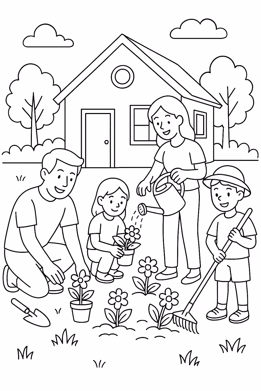 Familia jardim para colorir — desenho para imprimir