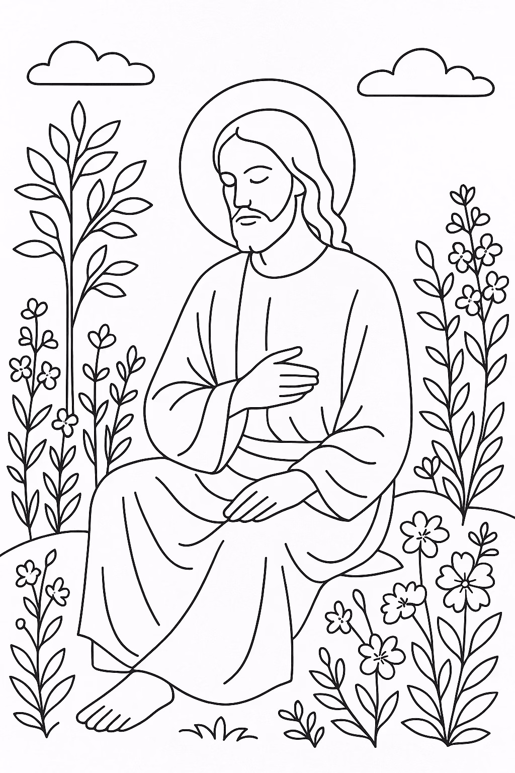 Jesus jardim para colorir — desenho para imprimir