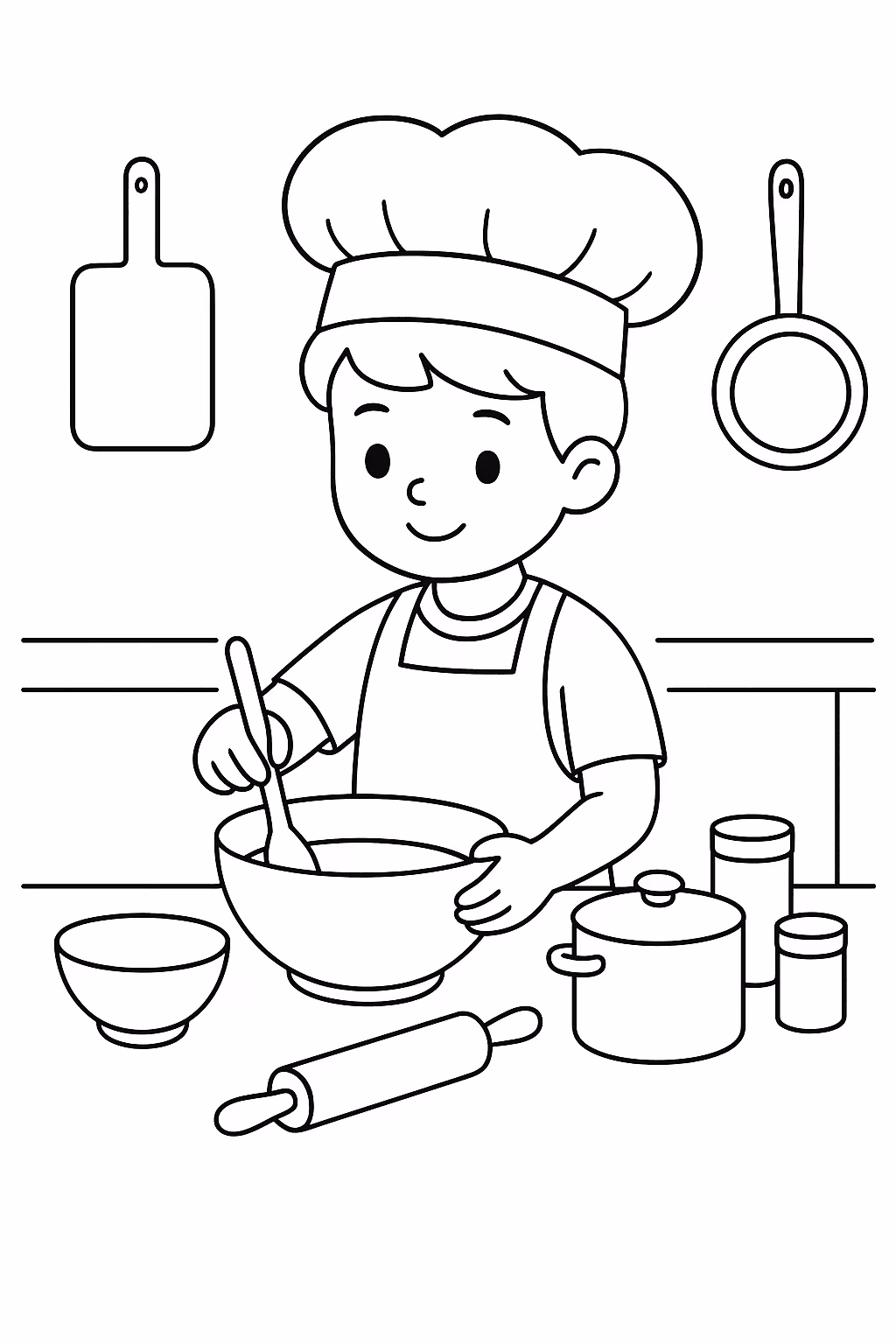 Menino cozinha para colorir — desenho para imprimir
