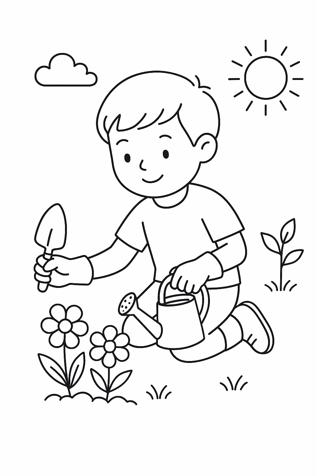Menino jardim para colorir — desenho para imprimir