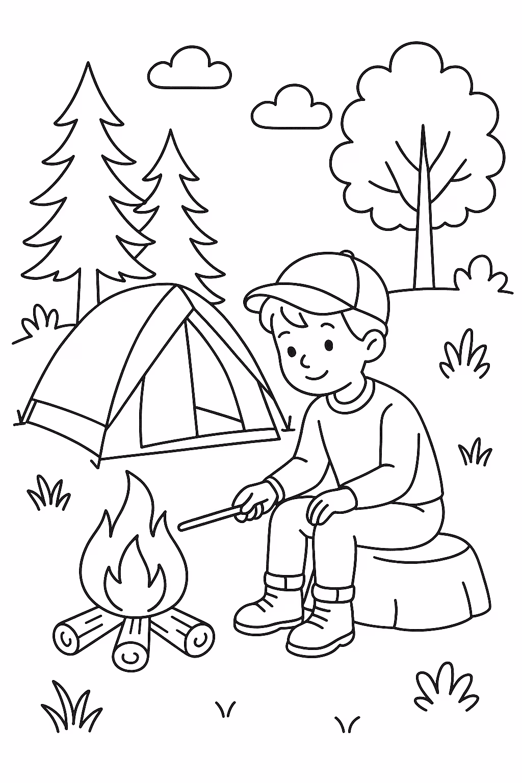 Menino camping para colorir — desenho para imprimir