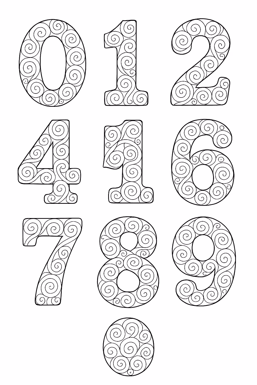Numeros espirais para colorir — desenho para imprimir