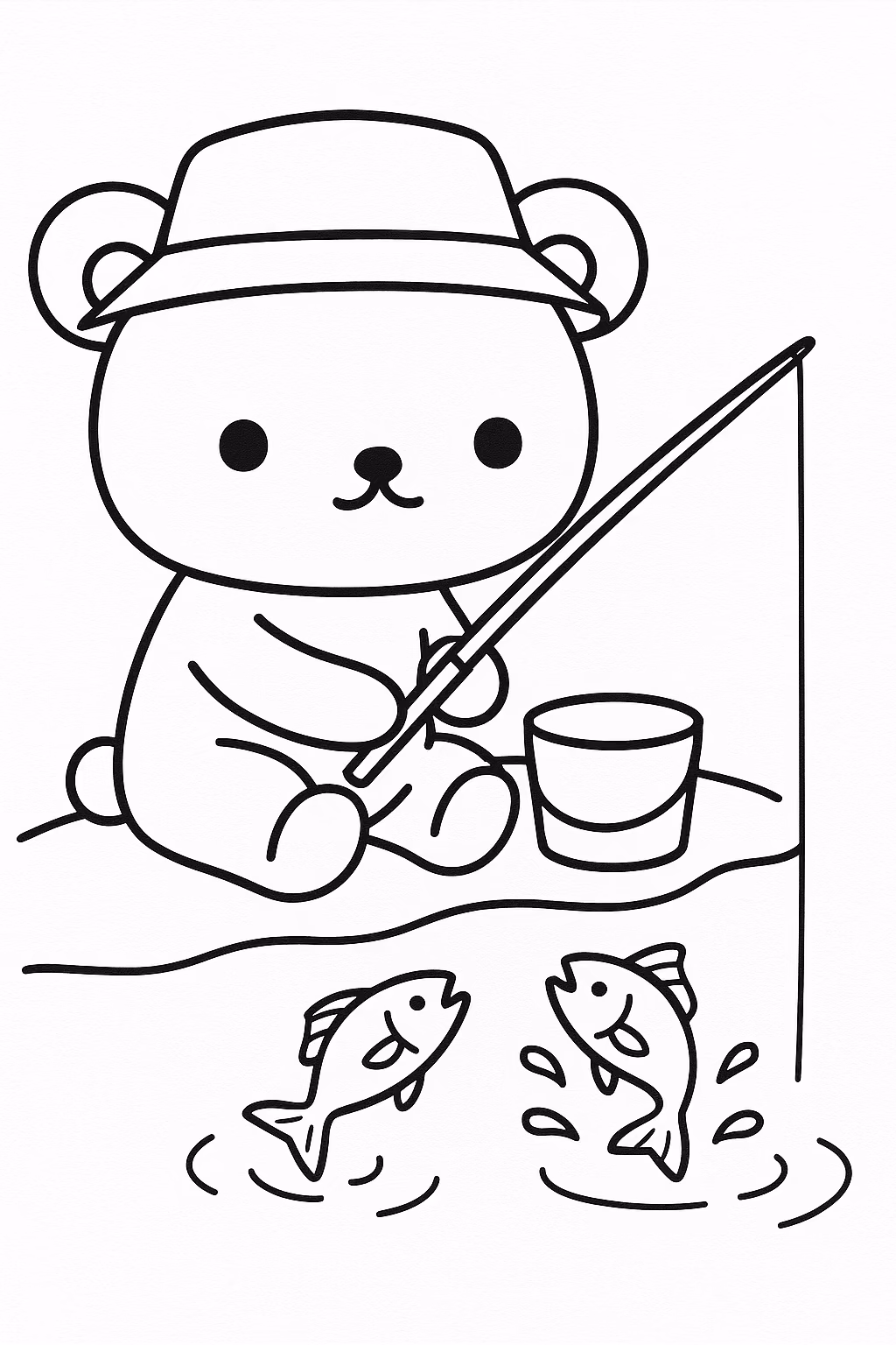 Ursinho pescando min para colorir — desenho para imprimir