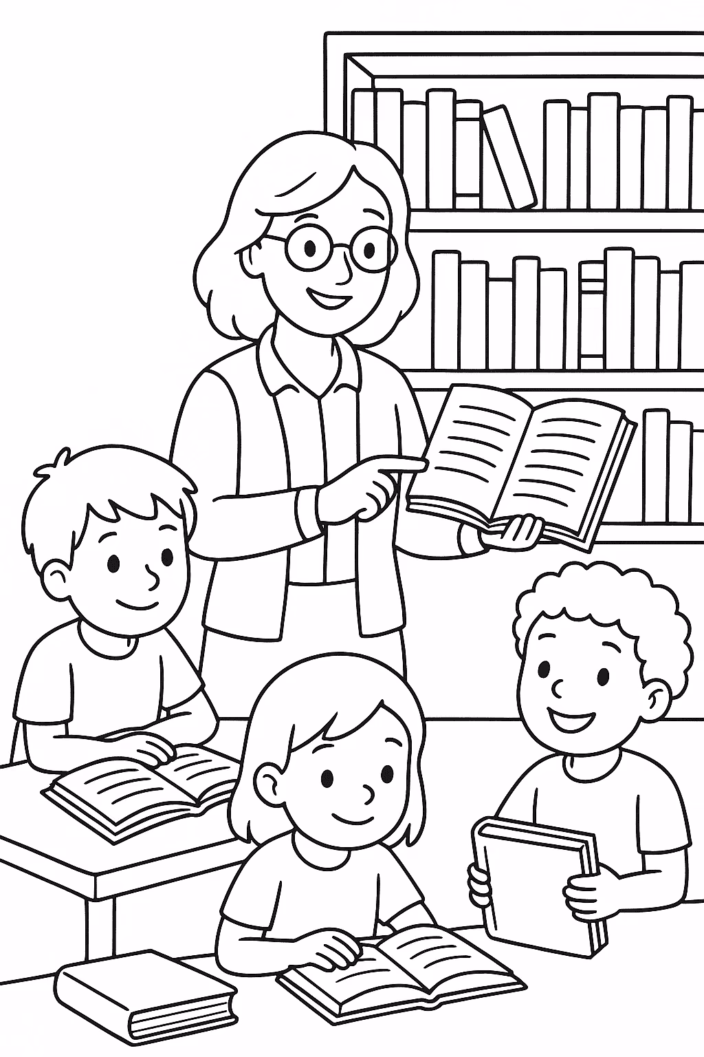 Professor biblioteca para colorir — desenho para imprimir