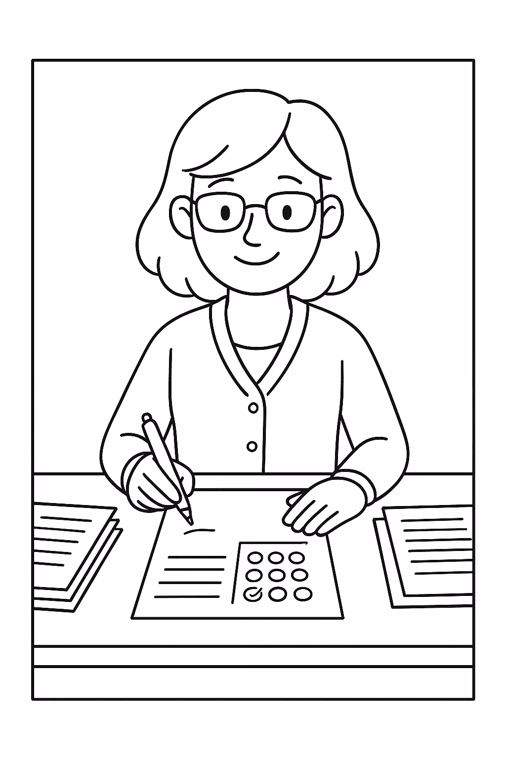 Professor corrigindo para colorir — desenho para imprimir