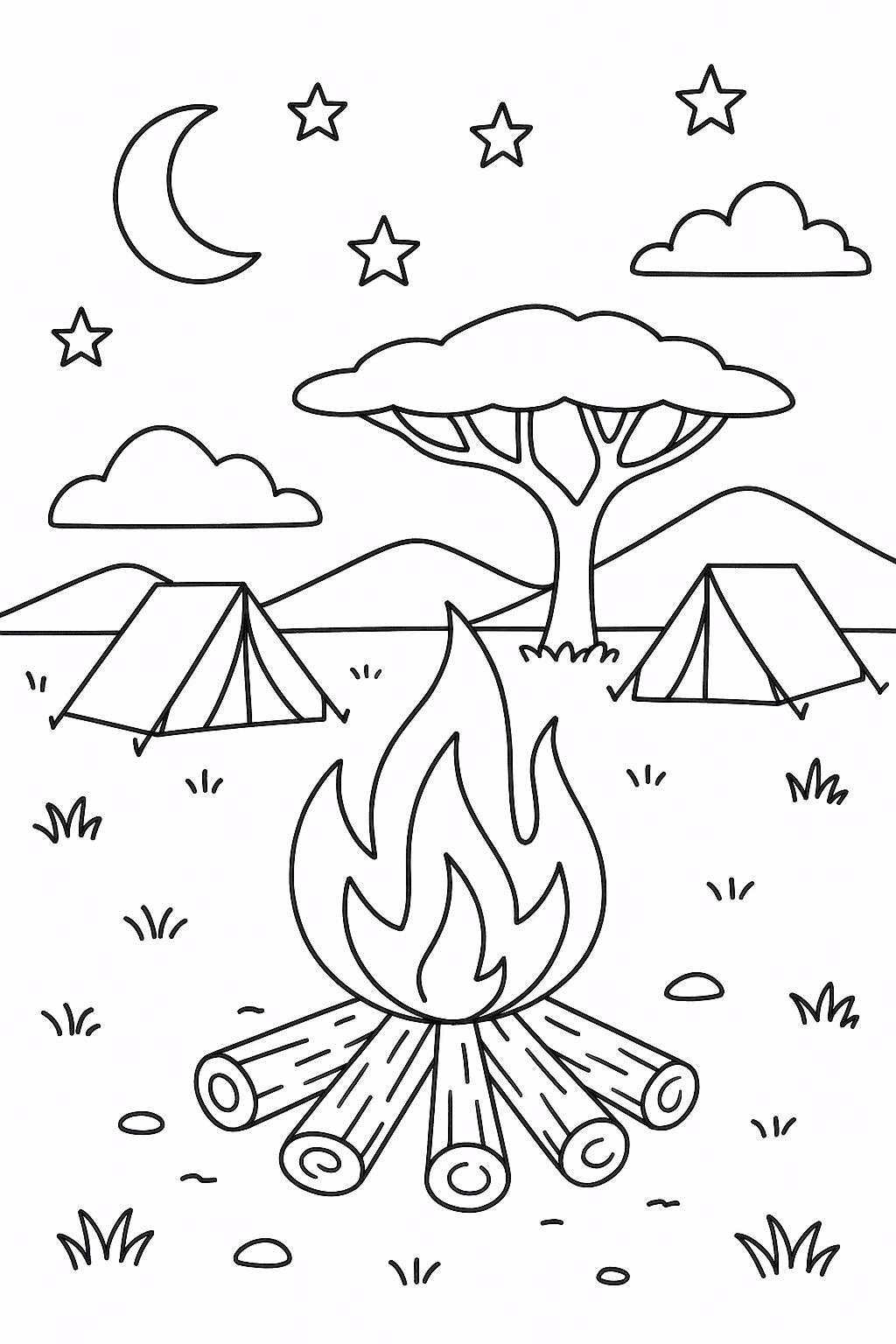 Safari fogueira para colorir — desenho para imprimir