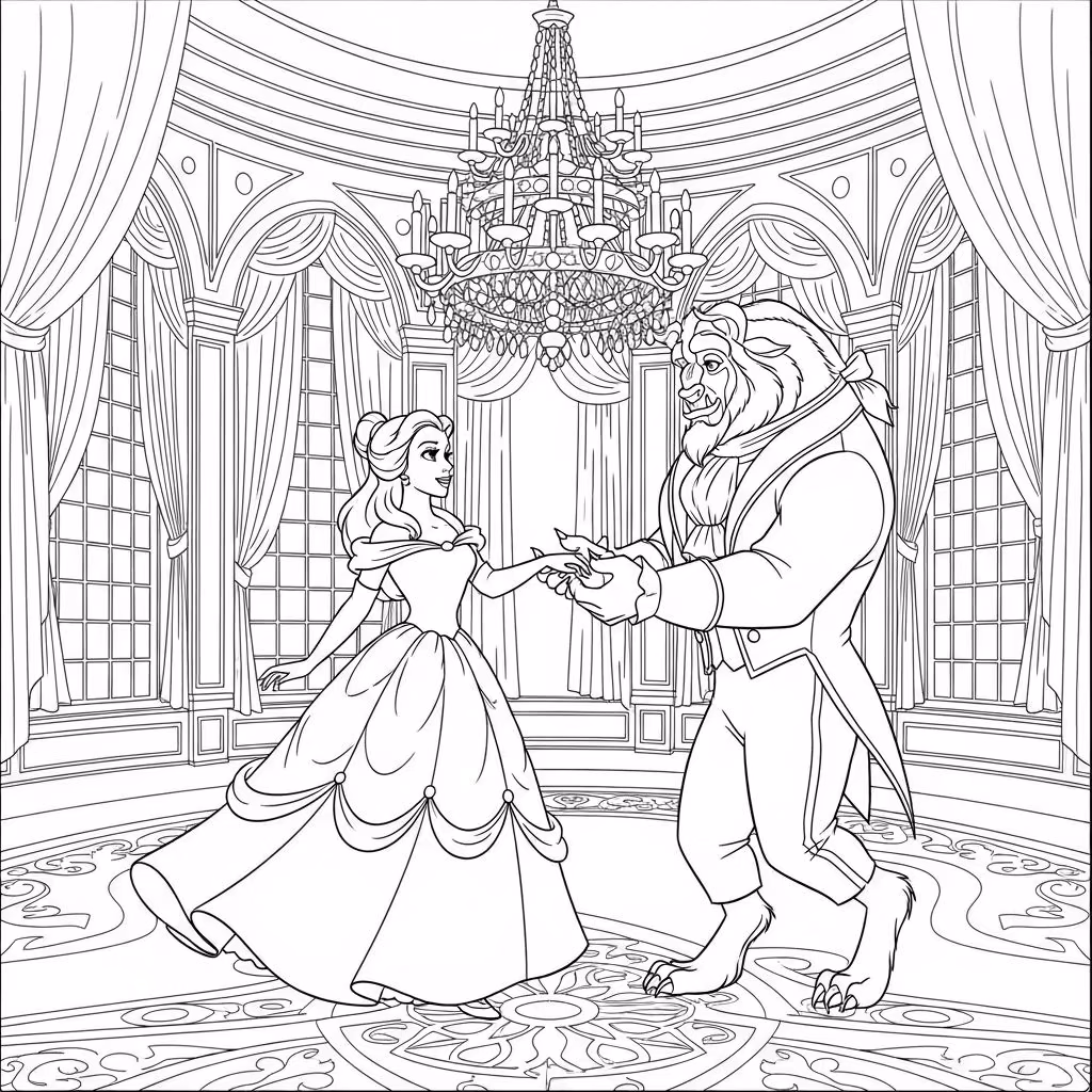 A bela e a fera e para colorir — desenho para imprimir