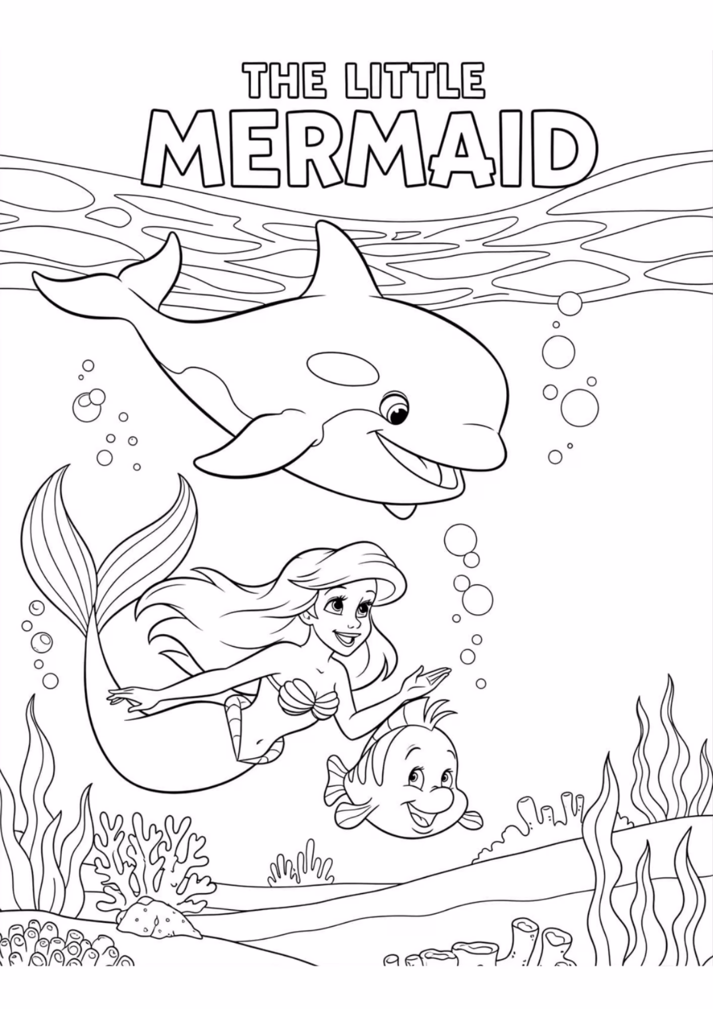 Ariel e para colorir — desenho para imprimir