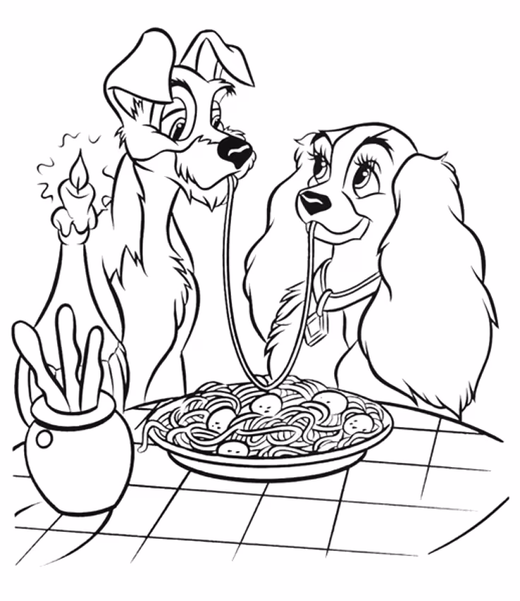 A dama e o vagabundo para colorir — desenho para imprimir