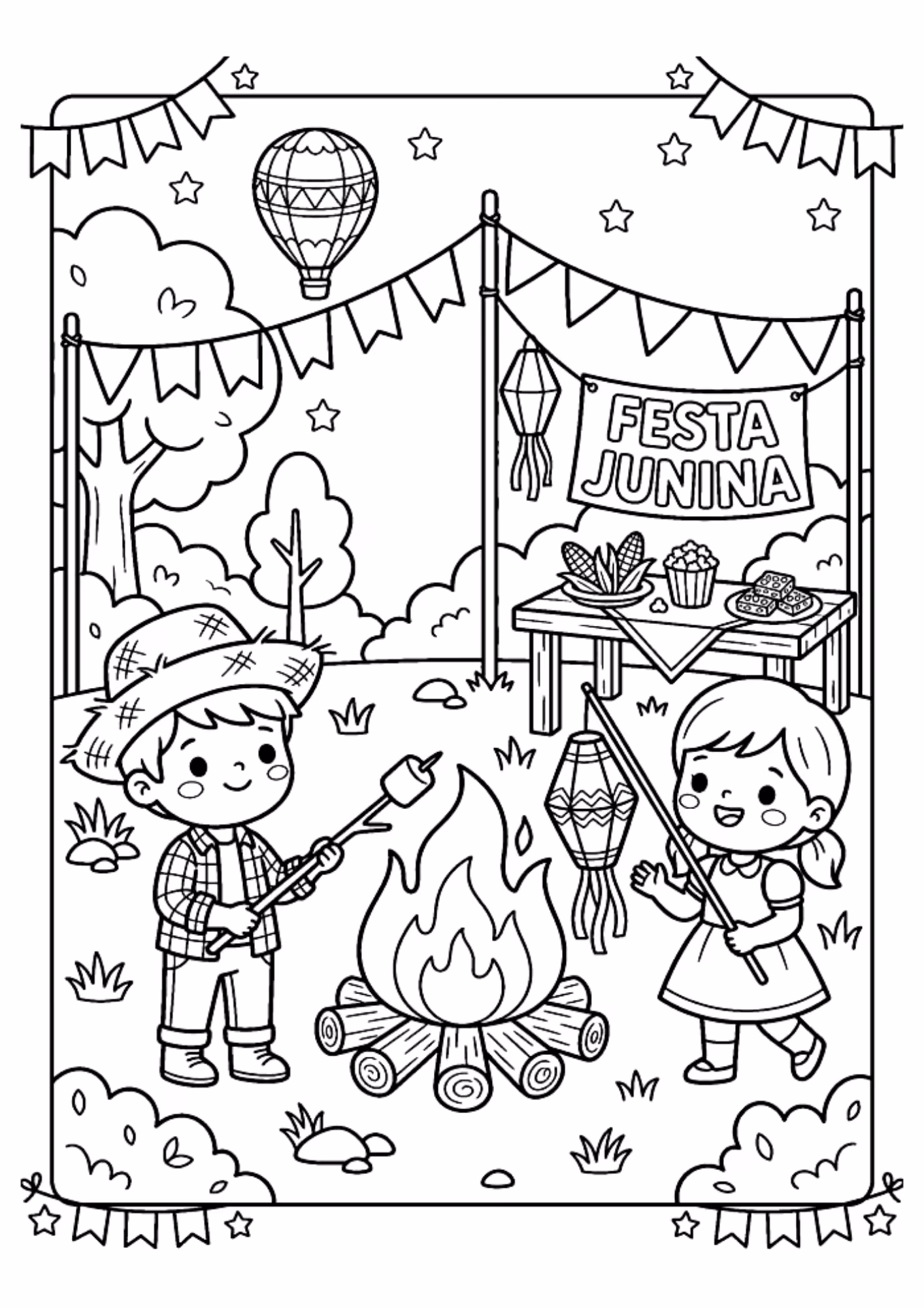 Festa junina e para colorir — desenho para imprimir