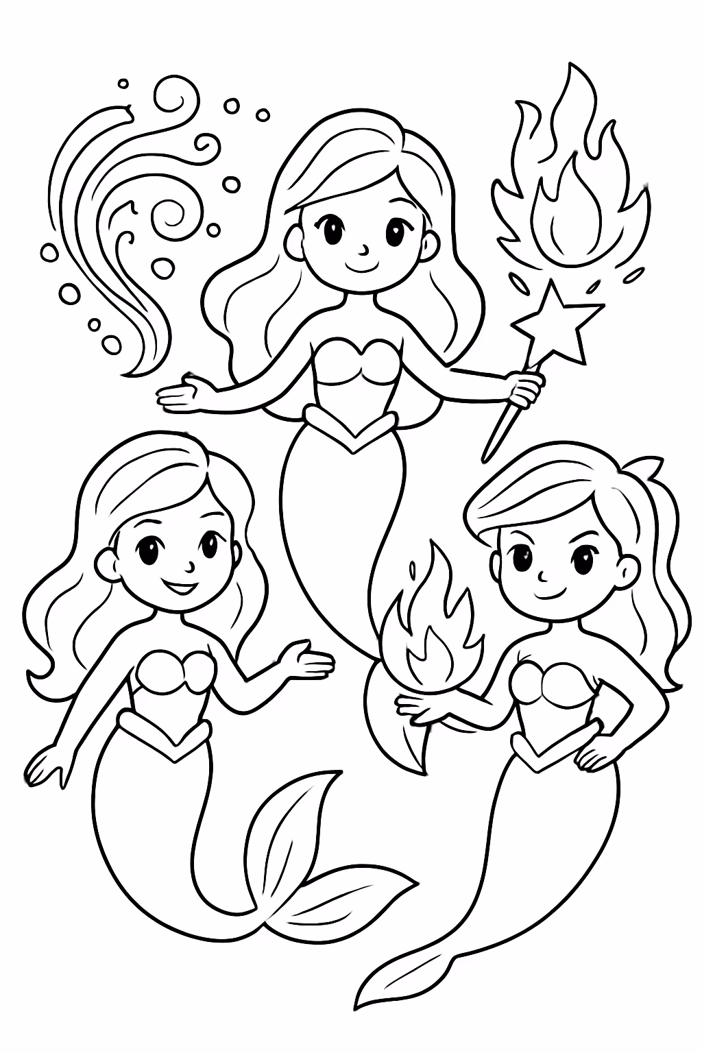 Sereias com poderes para colorir — desenho para imprimir
