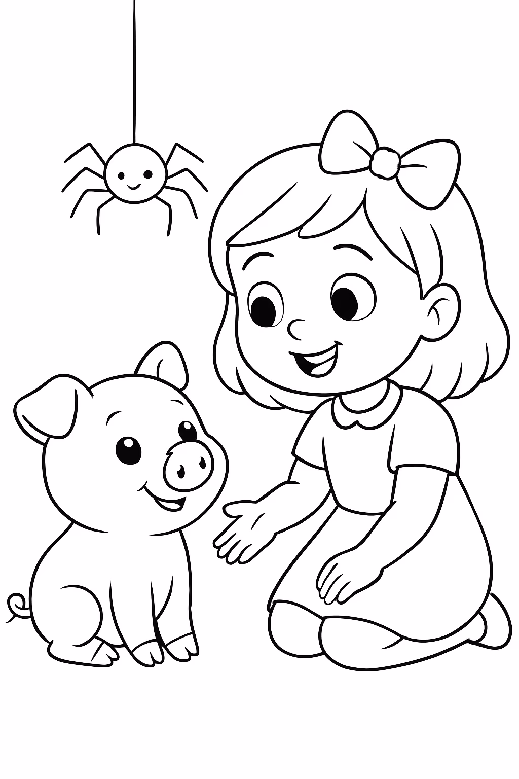A menina e o porquinho e a aranha para colorir — desenho para imprimir