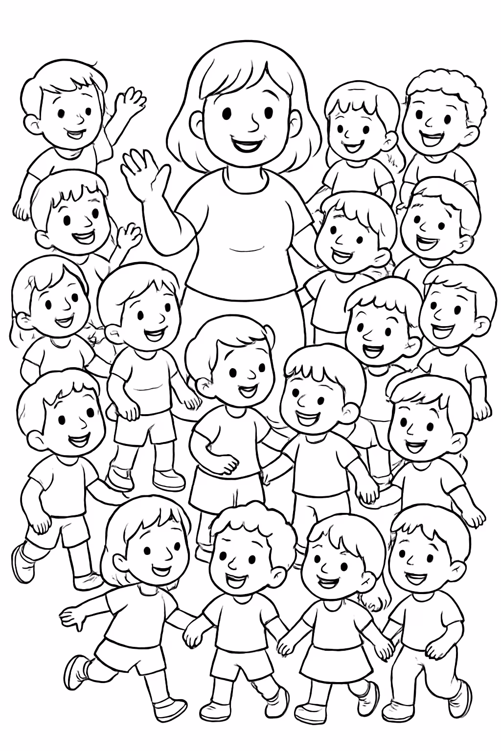 A turminha de criancas brincando com a tia iraci para colorir — desenho para imprimir