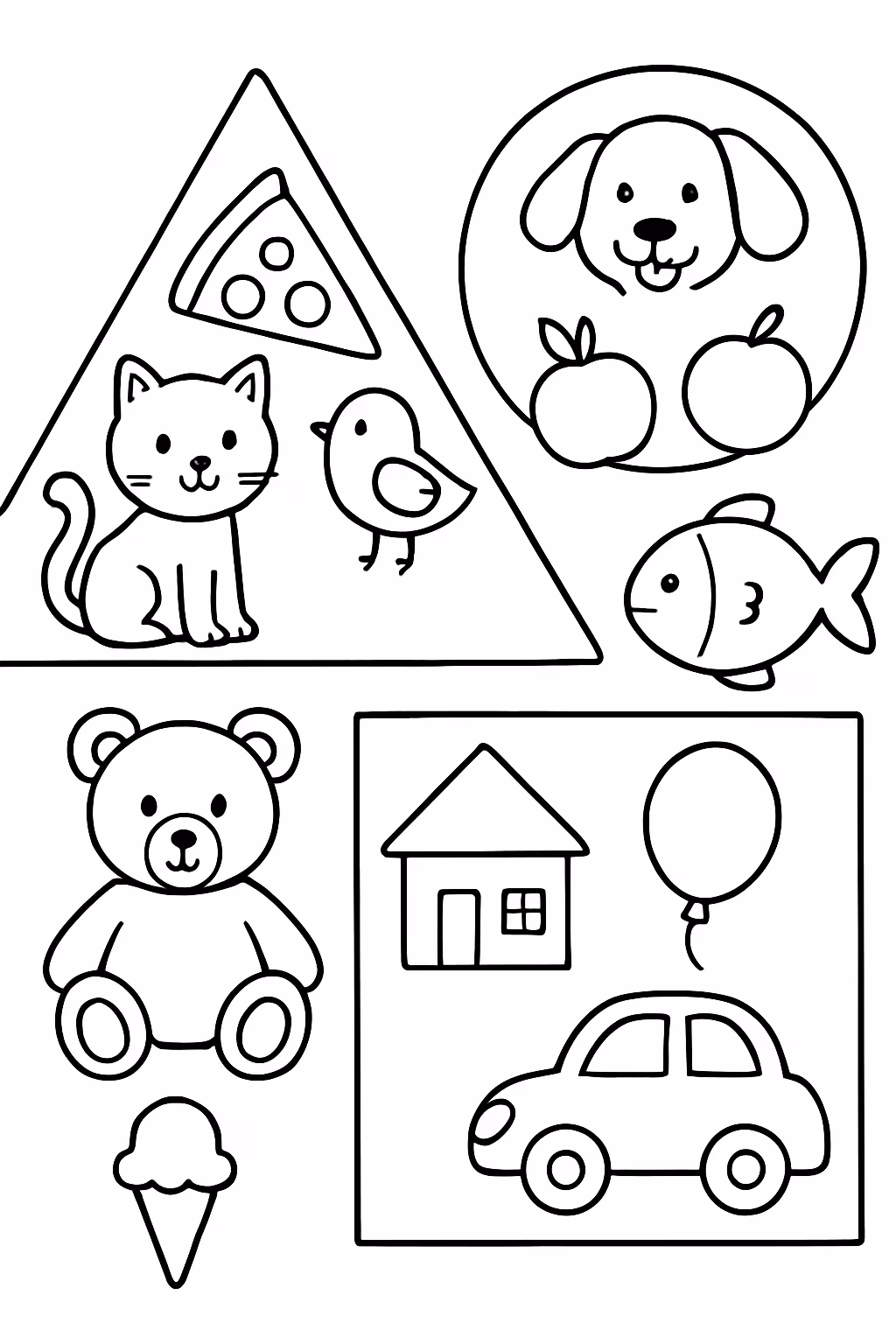 Atividade de formas com mais de opcoes entre animais comida para colorir — desenho para imprimir