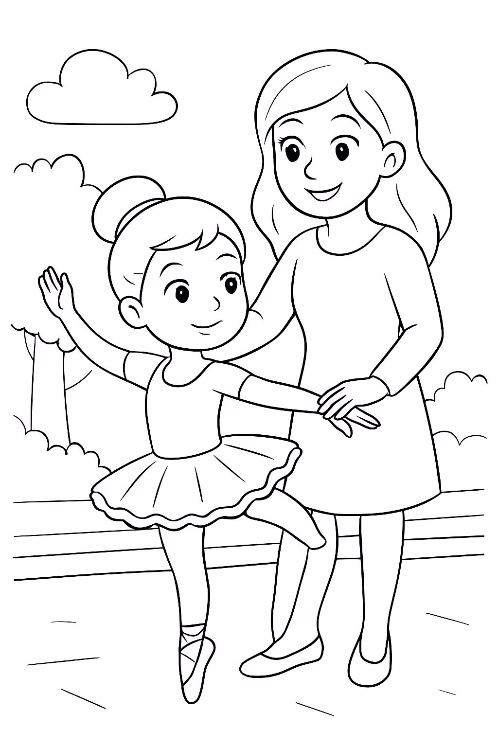 Bailarina bonita com a professora na rua para colorir — desenho para imprimir