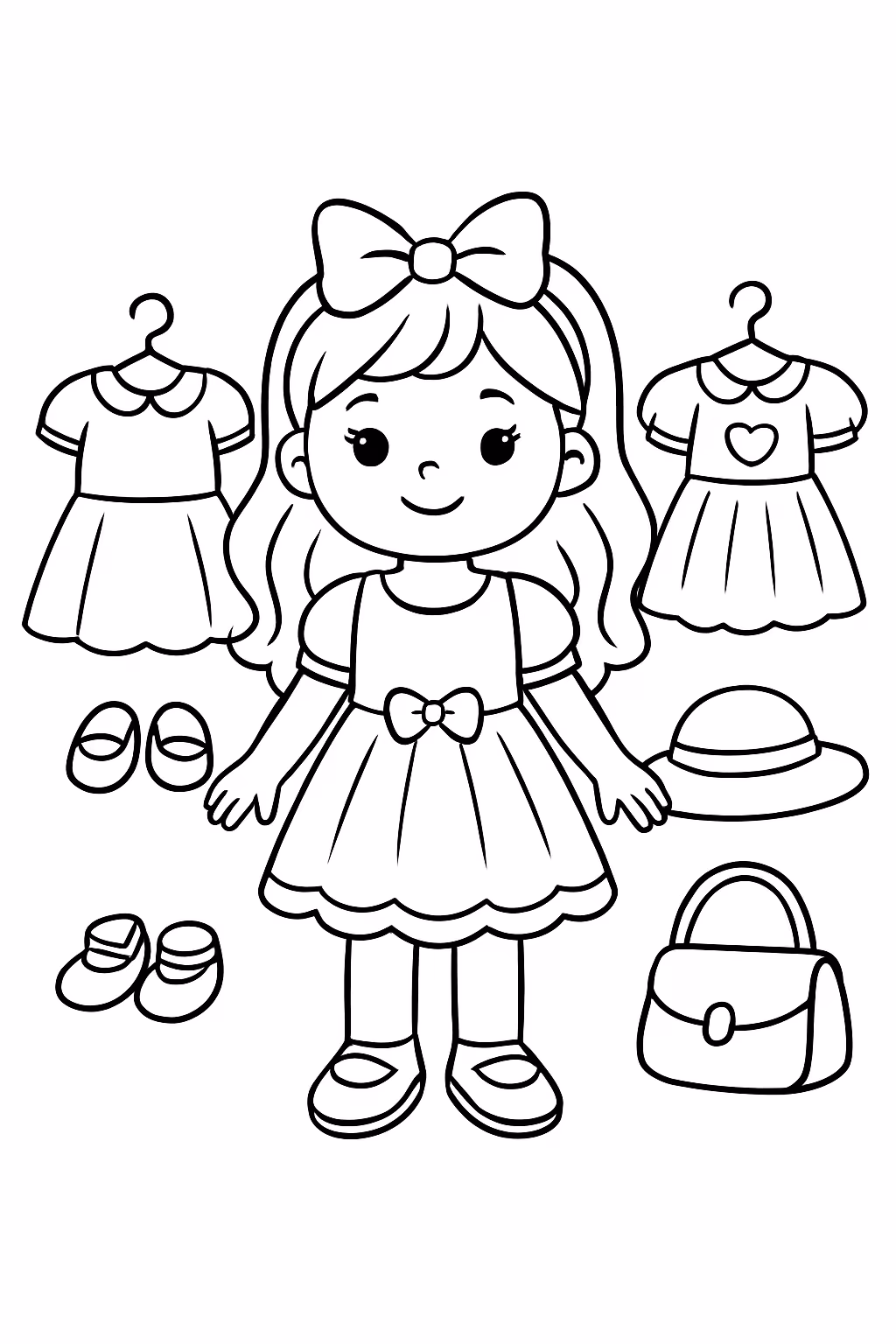 Boneca com roupinhas vestidos e muinto mas para colorir — desenho para imprimir