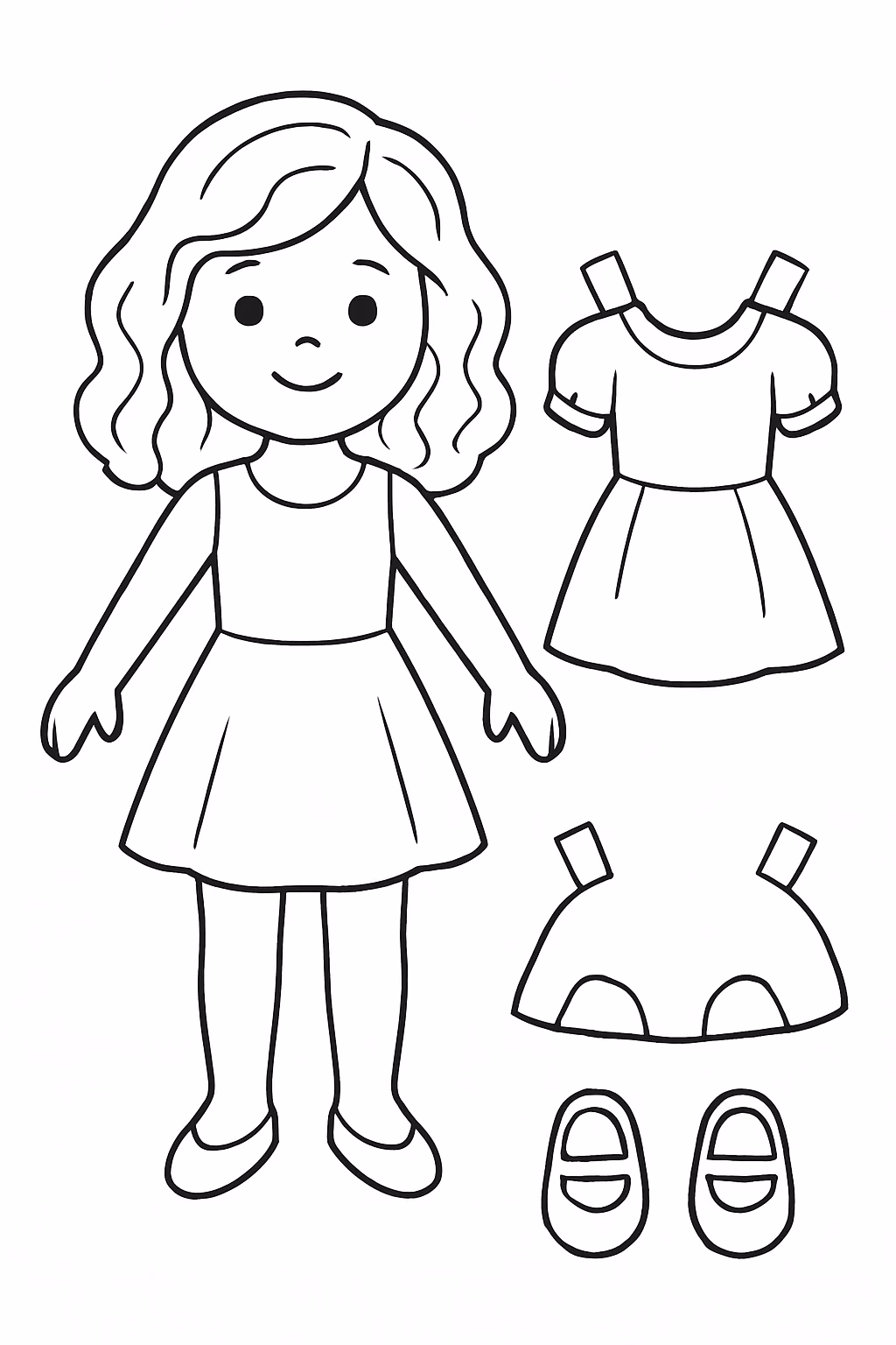 Boneca de papel com roupas cortar cabelo ondulado e sapatilha para colorir — desenho para imprimir