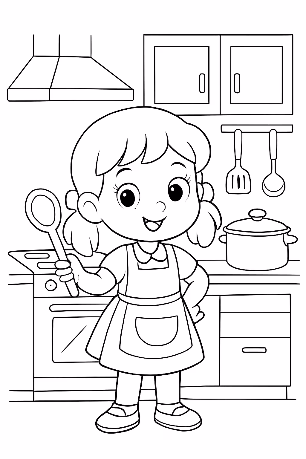 Boneca na cozinha para colorir — desenho para imprimir