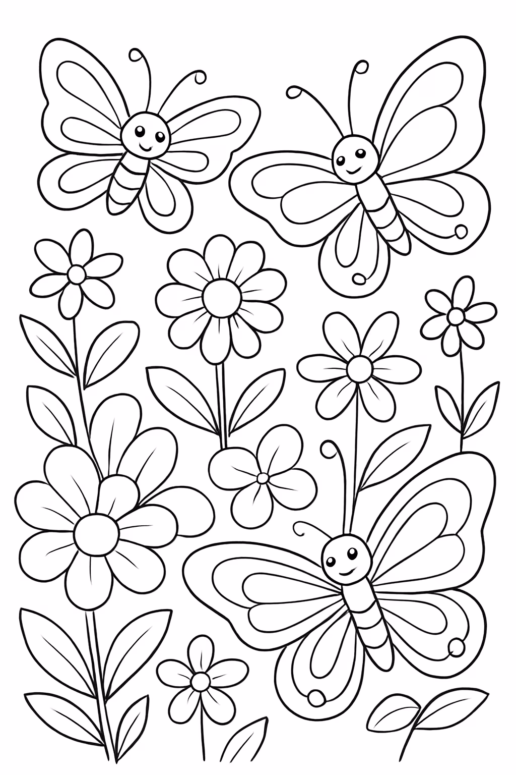 Borboletas e flores para colorir — desenho para imprimir