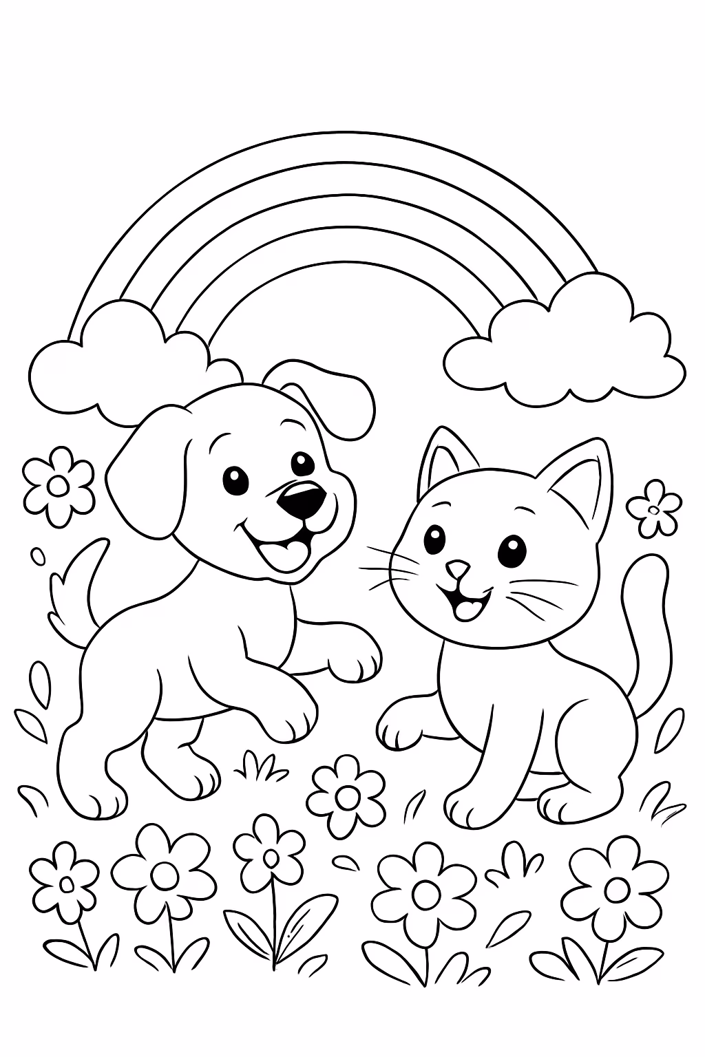 Cachorro e gato e flores brincando e arco iris para colorir — desenho para imprimir