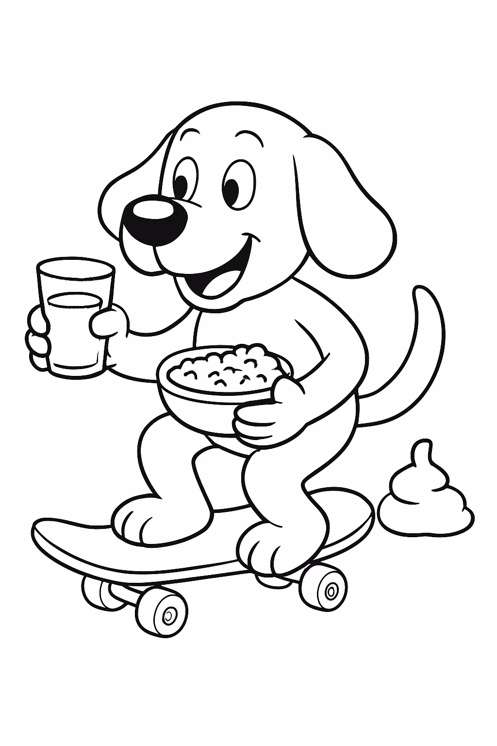 Cachorro fazendo o coco bebendo leite andando de skate comendo para colorir — desenho para imprimir
