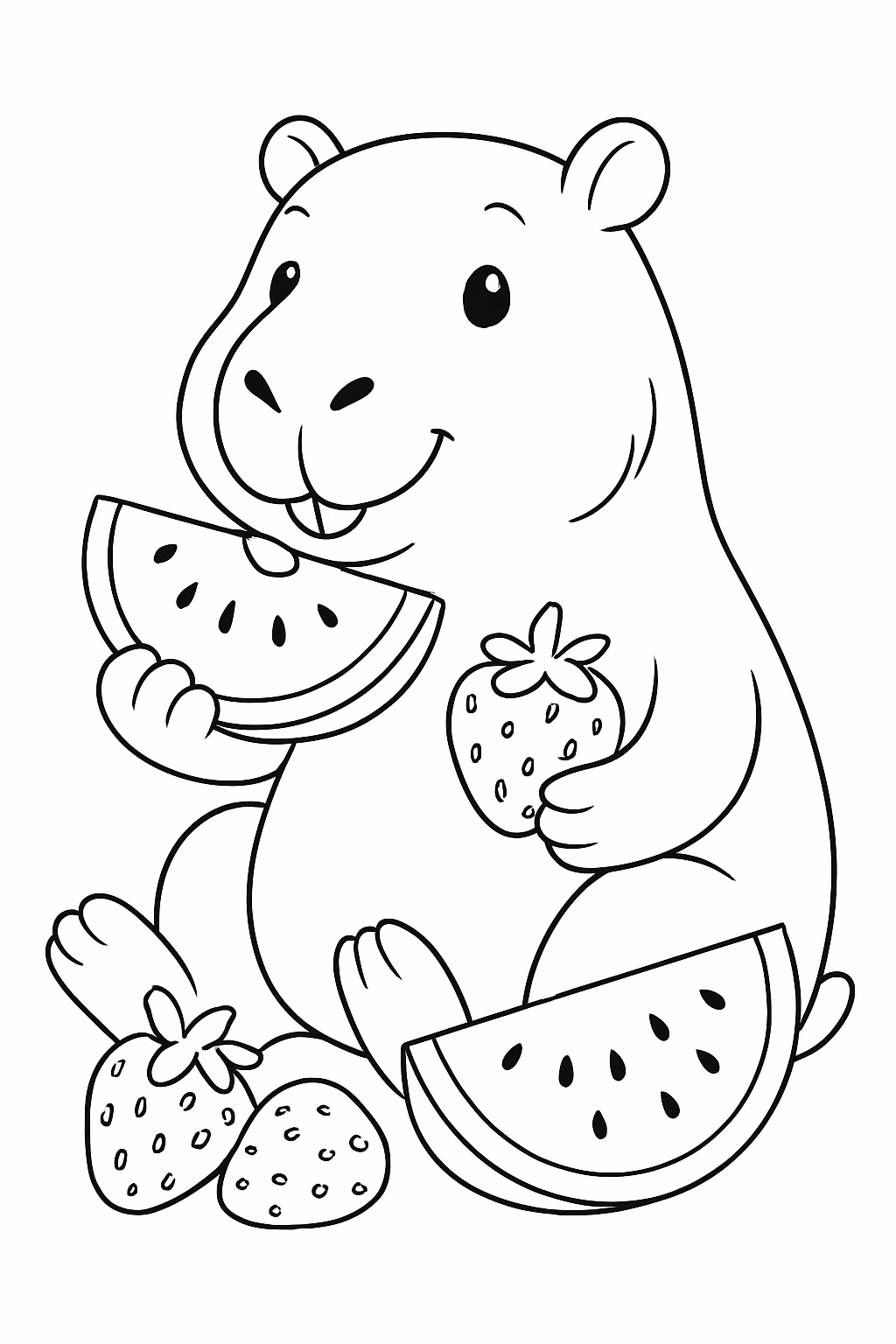 Capivara comendo melancia e morango para colorir — desenho para imprimir