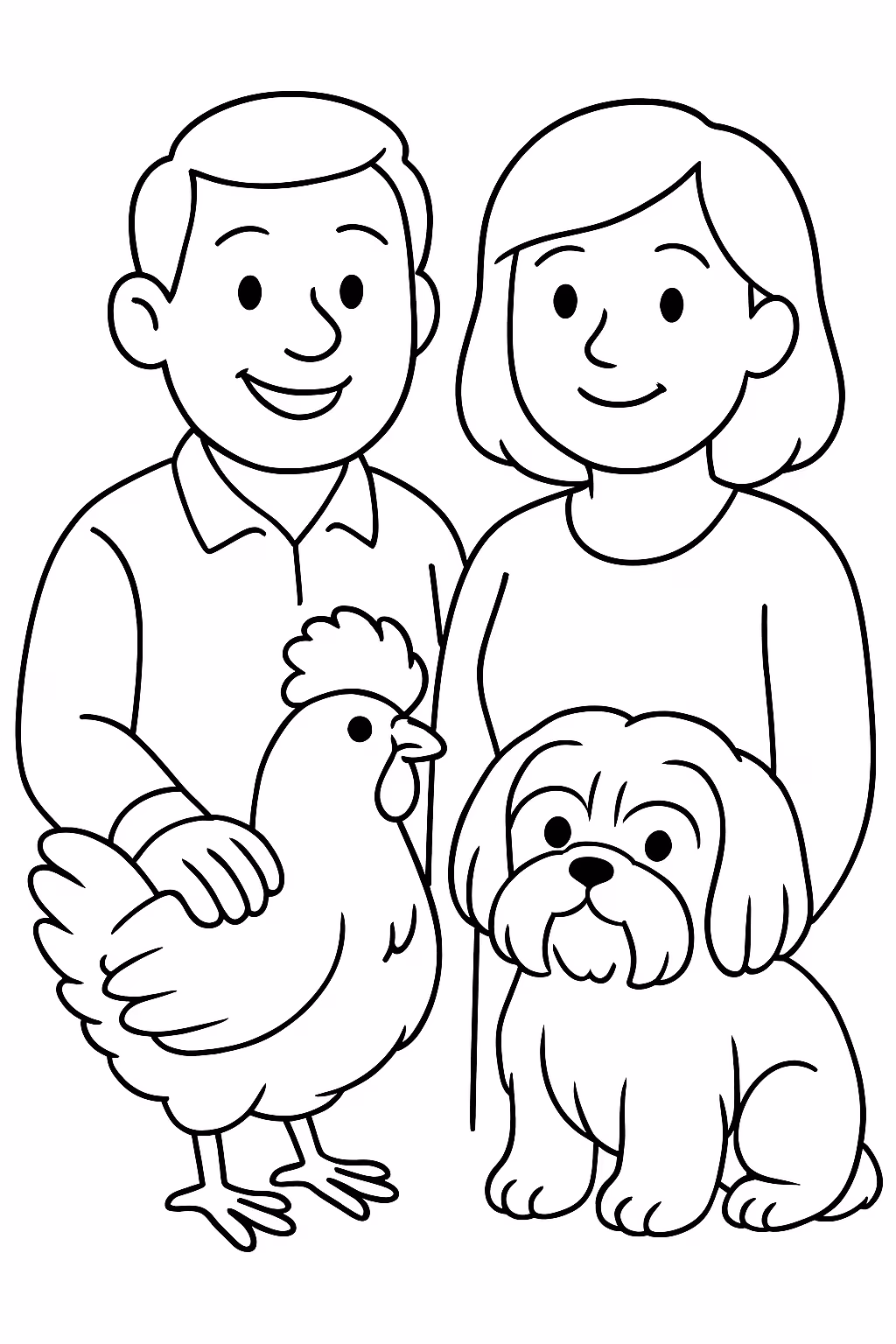 Caricatura simples de homem mulher galinha sedosa e shitsu para colorir — desenho para imprimir