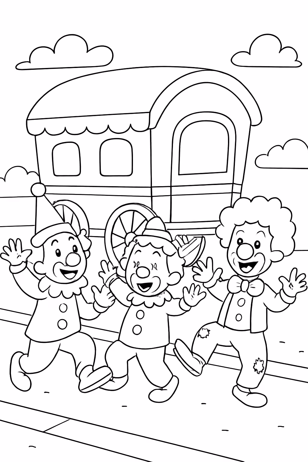 Carreta com os palhacos dancando na rua para colorir — desenho para imprimir
