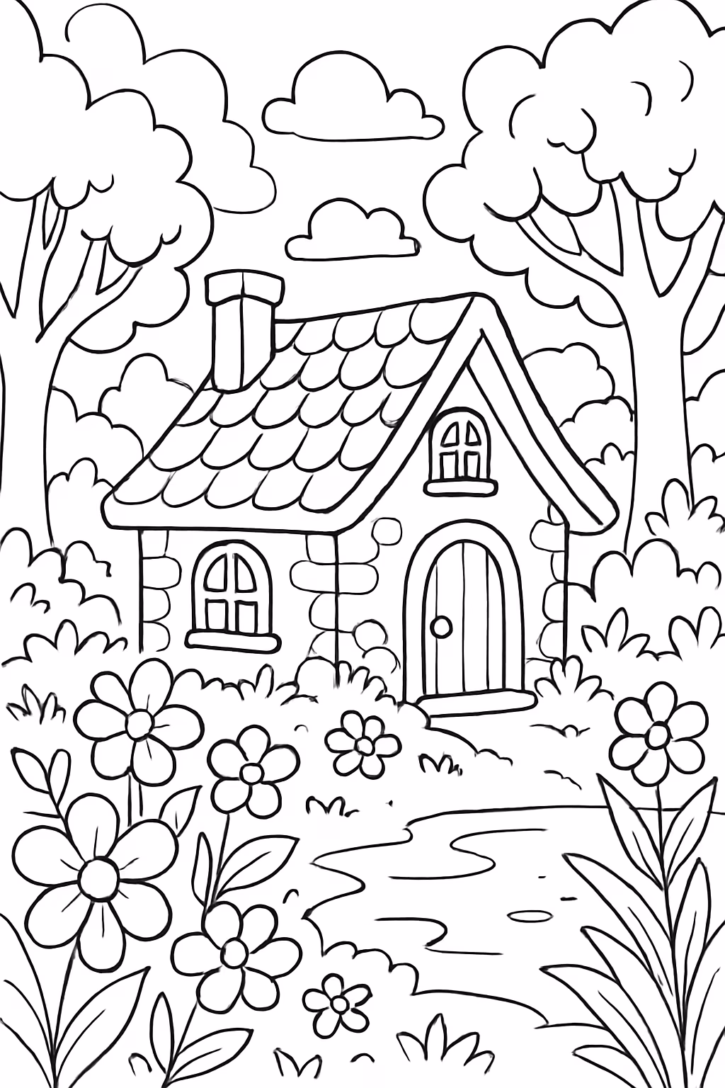Casa com flores em uma floresta encantada com um lago para colorir — desenho para imprimir