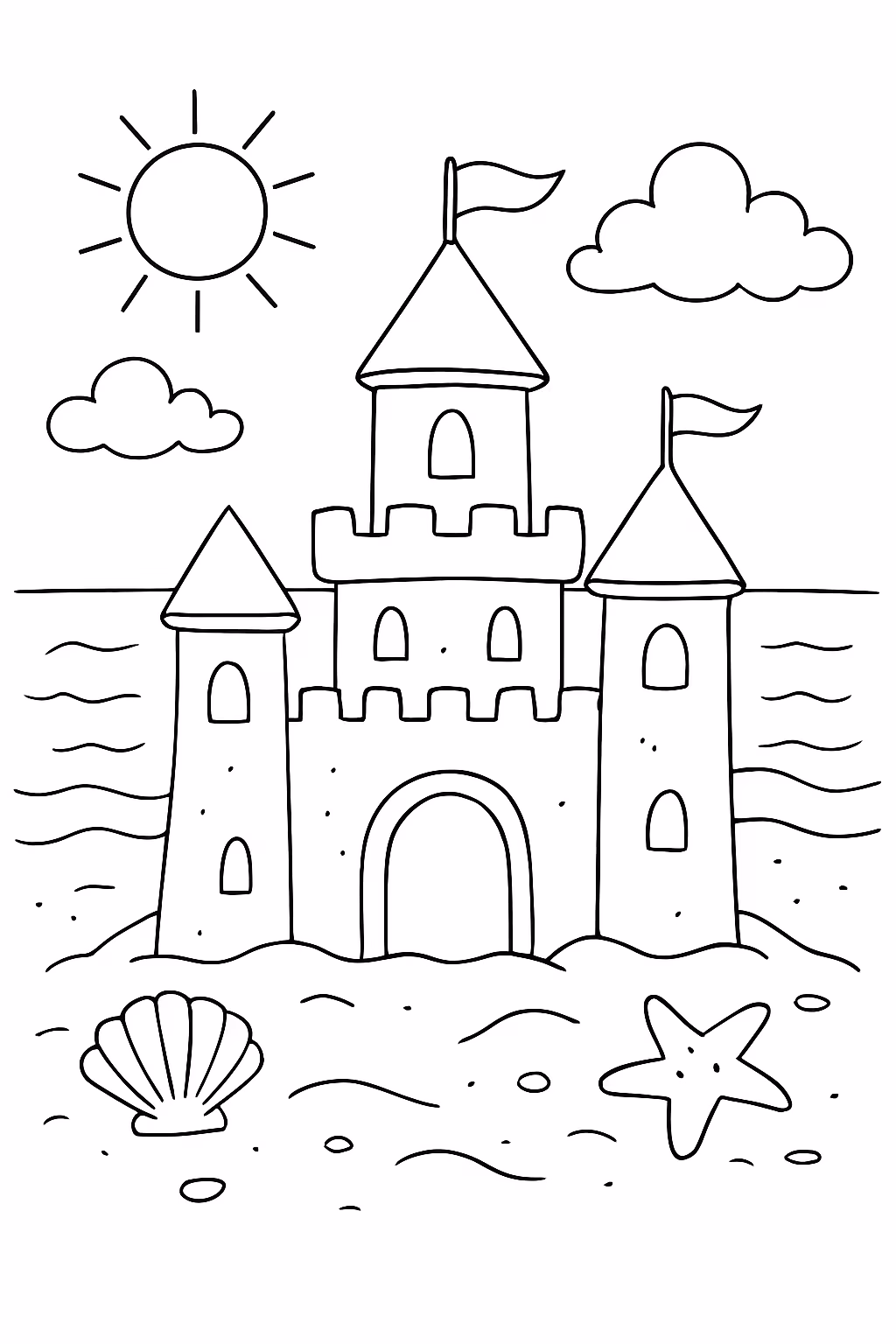 Castelo de areia na praia para colorir — desenho para imprimir